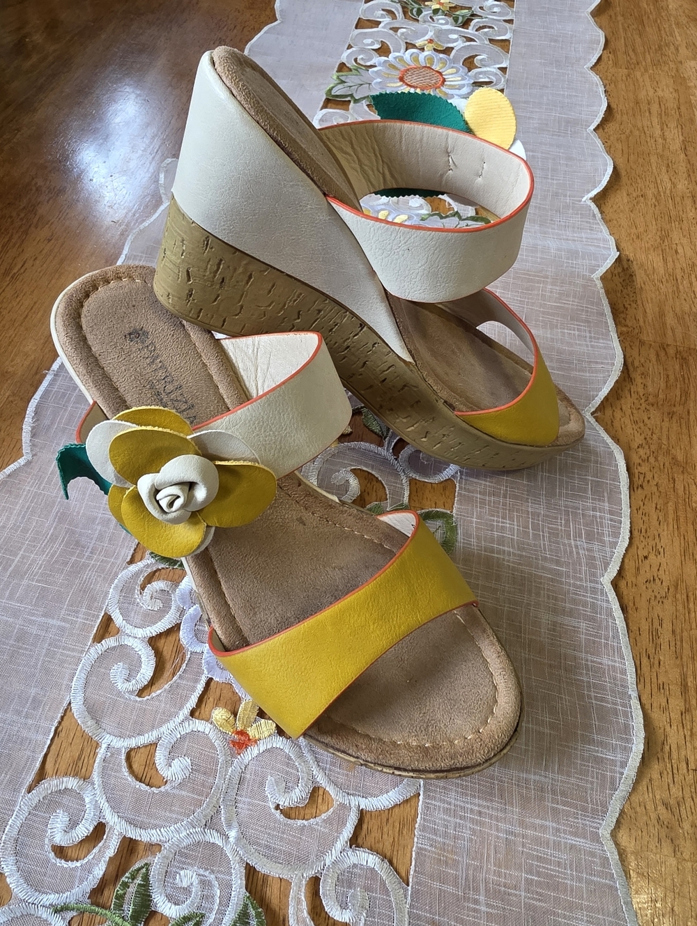Patrizia by Spring Step | Yellow & Cream Wedge Sandals with Floral Accent Sz 40